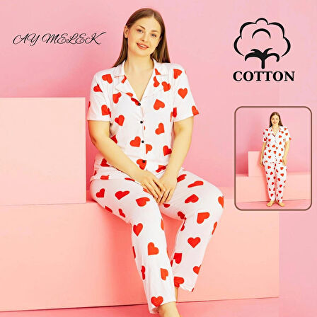 Kadın Pijama Takımı Pamuklu Geniş Beden Gömlek ve Pijama Seti (Battal Boy)