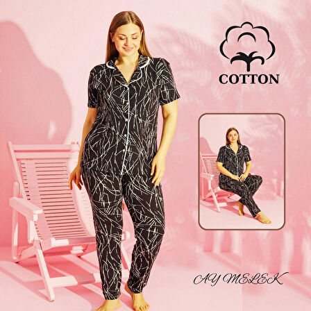 Kadın Pijama Takımı Pamuklu Geniş Beden Gömlek ve Pijama Seti (Battal Boy)