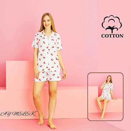 Kadın Pijama Takımı %100 Pamuklu Şort ve Pijama Seti