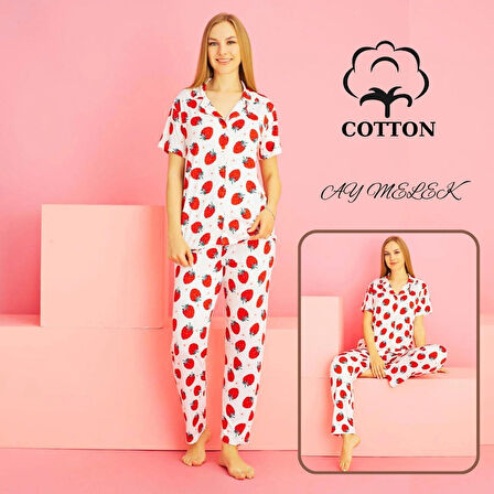 Kadın Pijama Takımı %100 Pamuklu Gömlek ve Pijama Seti