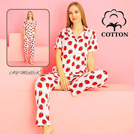 Kadın Pijama Takımı %100 Pamuklu Gömlek ve Pijama Seti