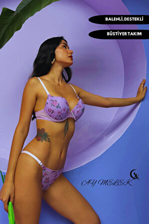 Destekli Simli Sütyen Takım B-Cap Balenli Çiçekli Tasarım