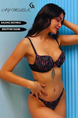 Destekli Simli Sütyen Takım B-Cap Balenli Çiçekli Tasarım