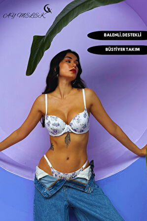 Destekli Simli Sütyen Takım B-Cap Balenli Çiçekli Tasarım