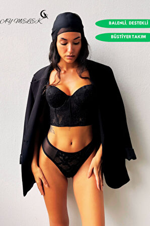 Destekli Simli Bustiyer Takım B Kap Balenli Transparan Tasarım