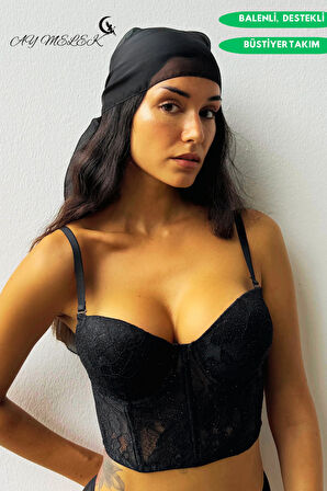 Destekli Simli Bustiyer Takım B Kap Balenli Transparan Tasarım