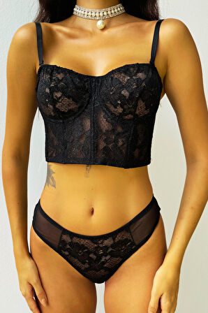 Bustiyer Takım Balenli Simli Kadife Kumaş B-Cap Transparan Tasarım