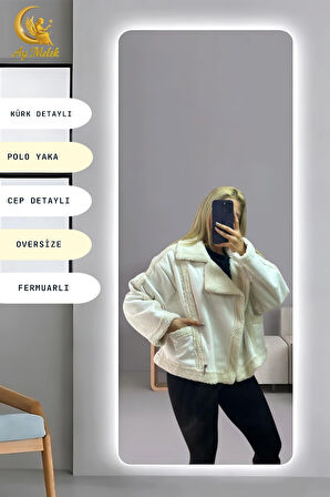 Kadın İçi Peluşlu Kürk Detaylı Fermuarlı Cepli Süet Oversize Mont