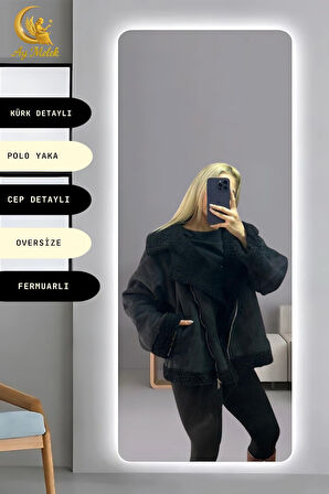 Kadın İçi Peluşlu Kürk Detaylı Fermuarlı Cepli Süet Oversize Mont