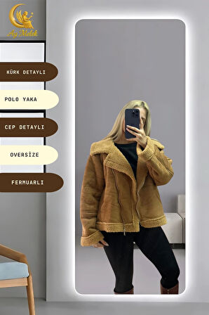Kadın İçi Peluşlu Kürk Detaylı Fermuarlı Cepli Süet Oversize Mont