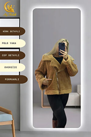 Kadın İçi Peluşlu Kürk Detaylı Fermuarlı Cepli Süet Oversize Mont