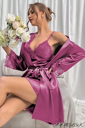 Kadın Gecelik Saten Kumaş Dantel Detaylı Fantazi Çeyizlik Sabahlık İç Giyim