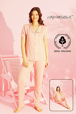 Kadın Pijama Takımı Ring Viscone Bambu Doku Gömlek ve Pijama Seti