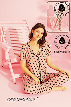 Kadın Pijama Takımı Ring Viscone Bambu Doku Gömlek ve Pijama Seti
