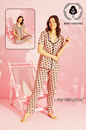 Kadın Pijama Takımı Ring Viscone Bambu Doku Gömlek ve Pijama Seti