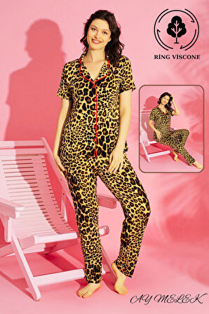 Kadın Pijama Takımı Ring Viscone Bambu Doku Gömlek ve Pijama Seti