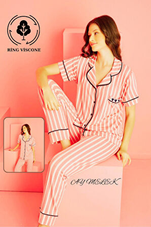 Kadın Pijama Takımı Ring Viscone Bambu Doku Gömlek ve Pijama Seti