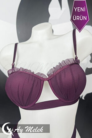 Kadın Giyim Tül Desenli Balenli Sütyen Külot İç Giyim Takımı