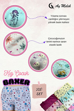 Kız Çocuk (3`lü Paket) Soft Yıkama Pamuklu Renkli Baskılı Boxer