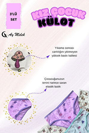 Kız Çocuk Külot (3`lü Paket) Soft Yıkama Pamuklu Renkli Baskılı Kilot