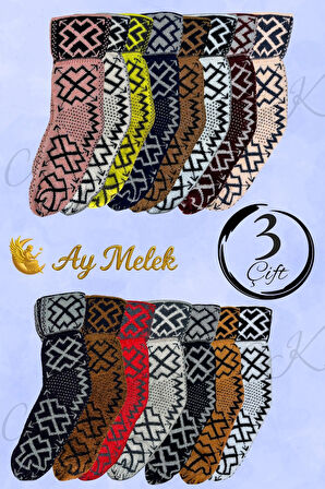 Kadın Yün Çorap (3 Çift) Doğal Lambswool Yünlü Özbek - Türkmen Yün Çorap