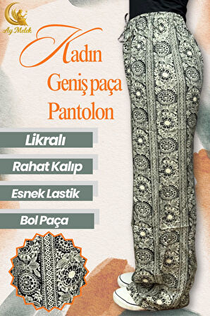Kadın Pamuklu Dokuma Desenli Bol Kesim Geniş Paça Pantolon