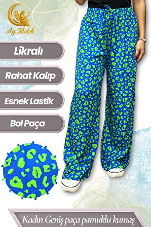 Kadın Pamuklu Dokuma Desenli Bol Kesim Geniş Paça Pantolon