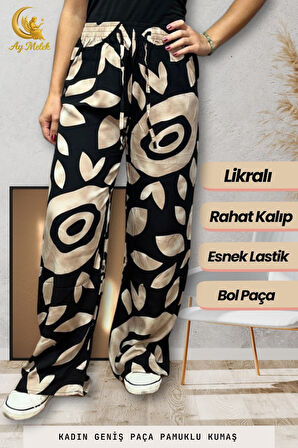 Kadın Pamuklu Dokuma Desenli Bol Kesim Geniş Paça Pantolon