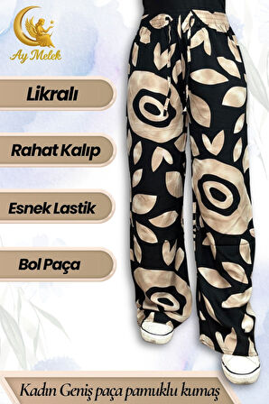 Kadın Pamuklu Dokuma Desenli Bol Kesim Geniş Paça Pantolon