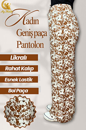 Kadın Pamuklu Dokuma Desenli Bol Kesim Geniş Paça Pantolon