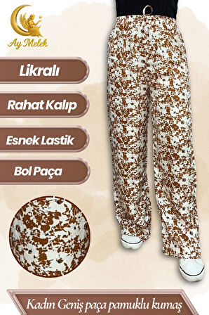 Kadın Pamuklu Dokuma Desenli Bol Kesim Geniş Paça Pantolon