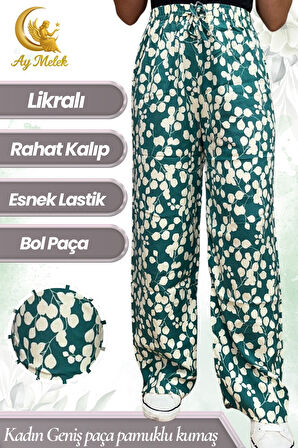 Kadın Pamuklu Dokuma Desenli Bol Kesim Geniş Paça Pantolon