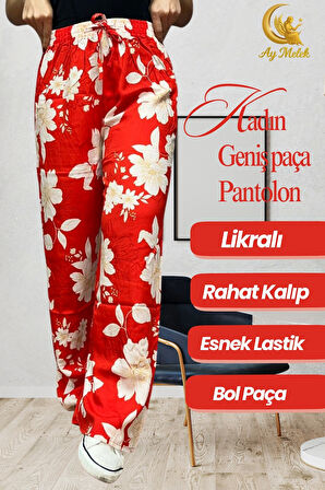 Kadın Pamuklu Dokuma Desenli Bol Kesim Geniş Paça Pantolon