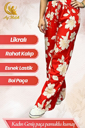 Kadın Pamuklu Dokuma Desenli Bol Kesim Geniş Paça Pantolon