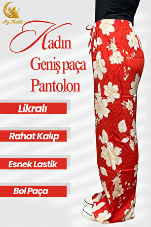 Kadın Pamuklu Dokuma Desenli Bol Kesim Geniş Paça Pantolon