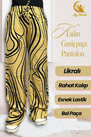 Kadın Pamuklu Dokuma Desenli Bol Kesim Geniş Paça Pantolon