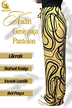Kadın Pamuklu Dokuma Desenli Bol Kesim Geniş Paça Pantolon