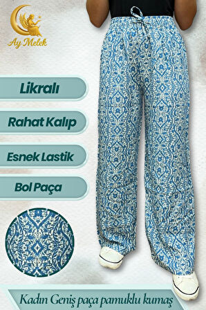 Kadın Pamuklu Dokuma Desenli Bol Kesim Geniş Paça Pantolon