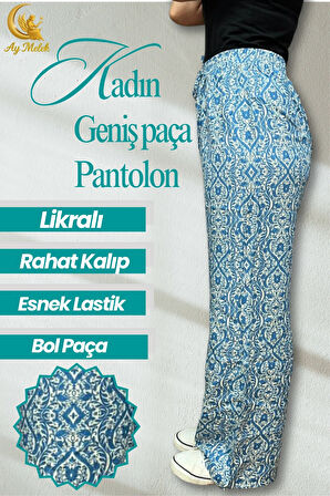 Kadın Pamuklu Dokuma Desenli Bol Kesim Geniş Paça Pantolon