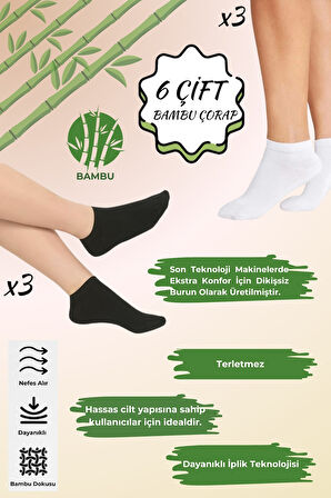 Kadın Çorap (6 Çift) Kısa Patik Bambu Esnek Terletmez Erkek Çorap