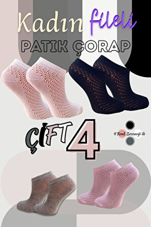 Kadın Çorap (4 Çift) Fileli Pamuklu Nefes Alan Patik Çorap