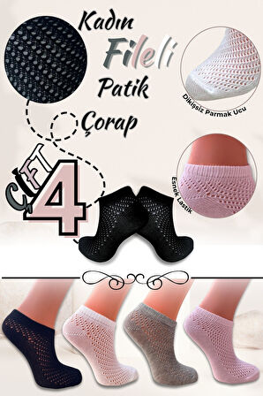 Kadın Çorap (4 Çift) Fileli Pamuklu Nefes Alan Patik Çorap