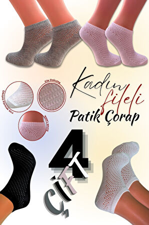 Kadın Çorap (4 Çift) Fileli Pamuklu Nefes Alan Patik Çorap