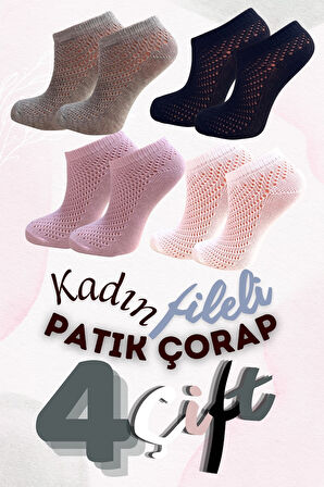 Kadın Çorap (4 Çift) Fileli Pamuklu Nefes Alan Patik Çorap