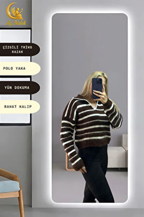 Kadın Çizgili Polo Yaka Oversize Triko Kısa Kazak