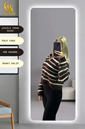 Kadın Çizgili Polo Yaka Oversize Triko Kısa Kazak