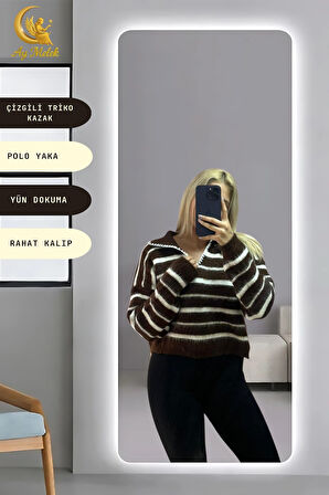 Kadın Çizgili Polo Yaka Oversize Triko Kısa Kazak