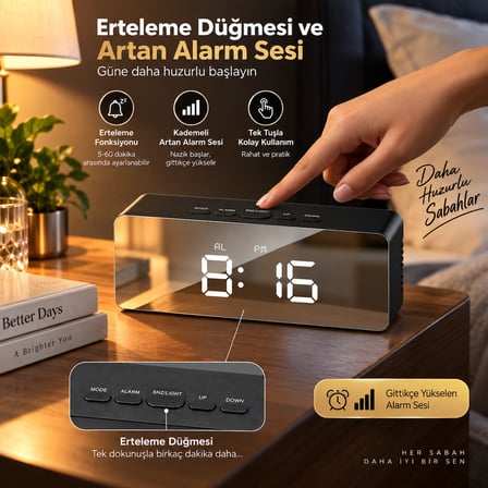 Dijital Aynalı LED Çalar Saat Termometreli Gece Modlu USB ve Pil Destekli Masa Saati
