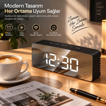 Dijital Aynalı LED Çalar Saat Termometreli Gece Modlu USB ve Pil Destekli Masa Saati