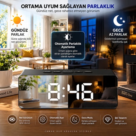 Dijital Aynalı LED Çalar Saat Termometreli Gece Modlu USB ve Pil Destekli Masa Saati